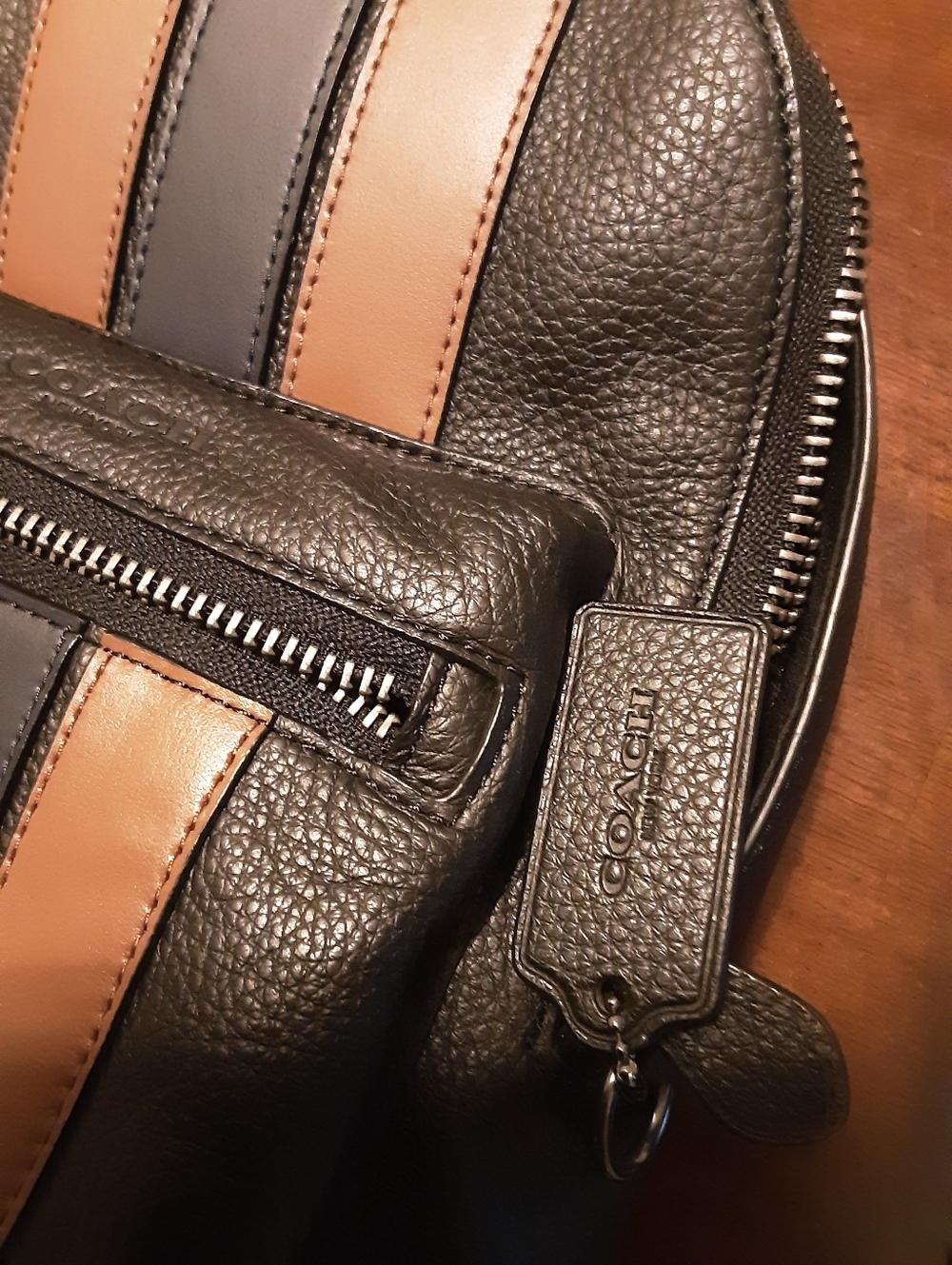 Coach Black Leather Sling Backpack with Brown and Dark Gray Stripes - Picture 6 of 8